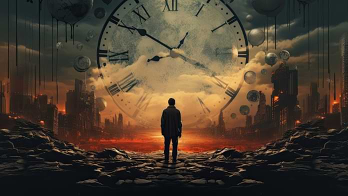 Apocalyptic image with a clock and person 