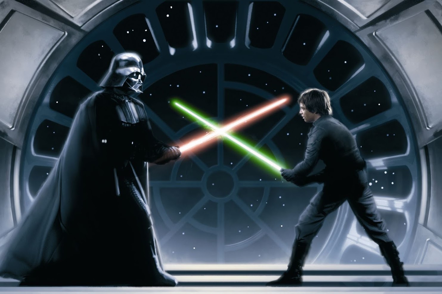 Darth Vador and Luke Skywalker with lasers crossed